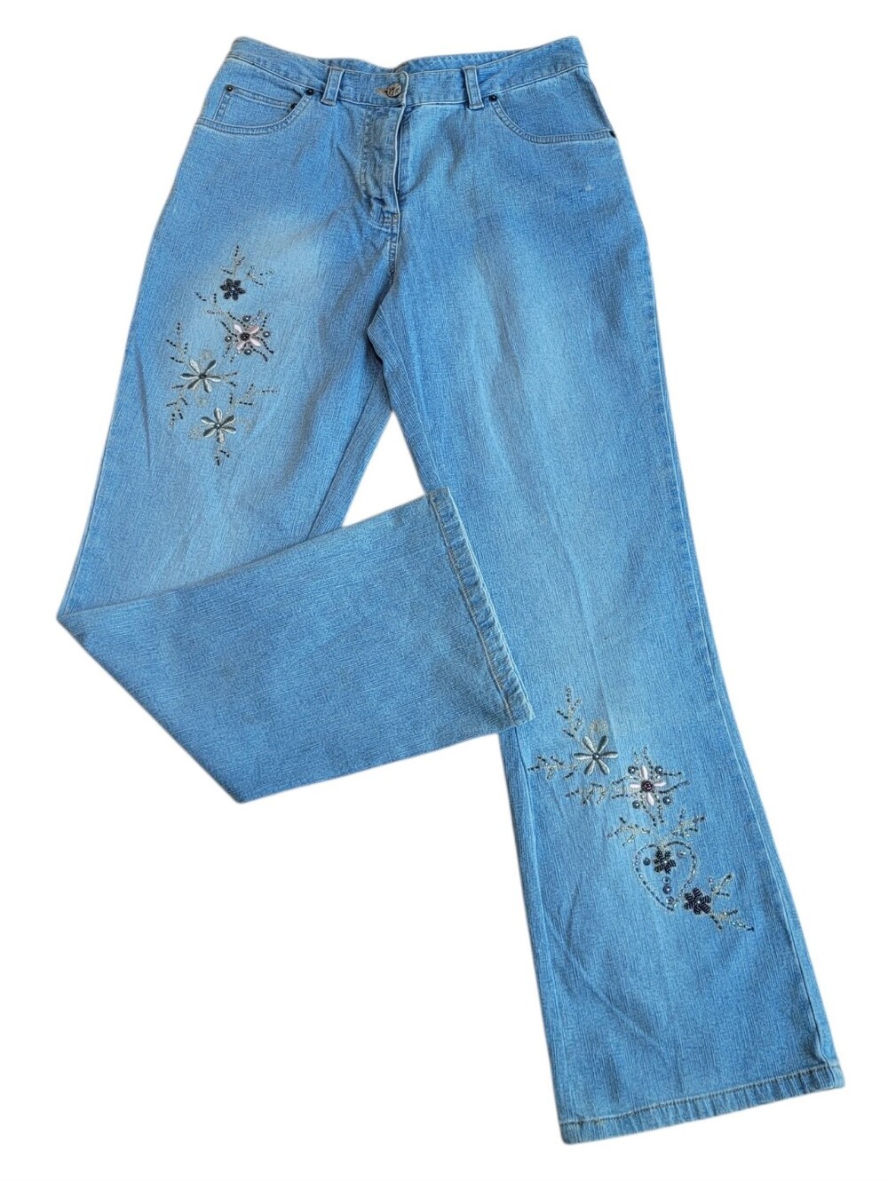 NWOT Y2K L.A. Blues Embroidered Flare Jeans Light Wash Rhinestone Boho Denim